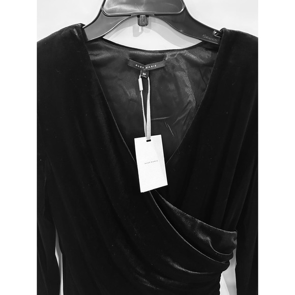 Alex Marie Nikki Black Velvet Stretch V-Neck Long Sleeve Ruched Wrap Dress Sz 8P - Picture 5 of 8